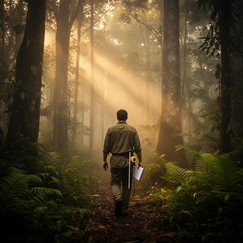 Field researcher walking into a misty Amazon forest at dawn